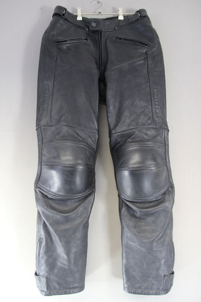 HEIN GERICKE BLACK LEATHER BIKER TROUSERS WITH CE ARMOUR: WAIST 32 IN/LEG 34 IN