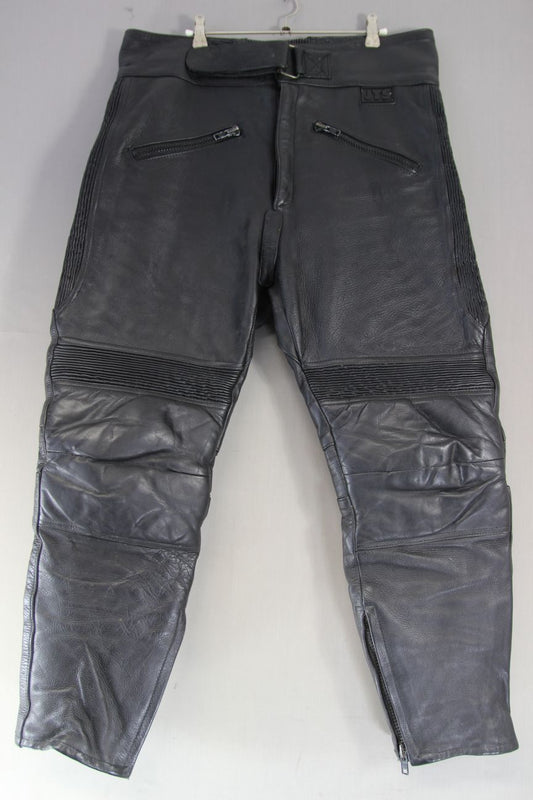 JTS BLACK LEATHER BIKER TROUSERS: WAIST 38 INCH/INSIDE LEG 27 INCH (SHORT FIT)