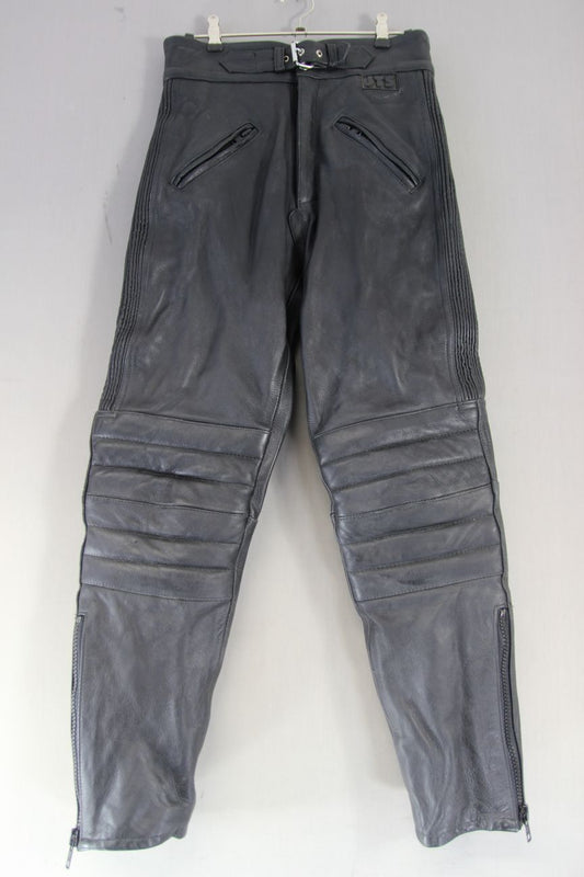 JTS BLACK LEATHER BIKER TROUSERS: WAIST 28 INCH/INSIDE LEG 28 INCH