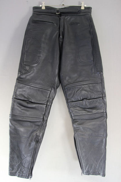 RHINO BLACK COWHIDE LEATHER BIKER TROUSERS: WAIST 30 INCH/INSIDE LEG 30 INCH