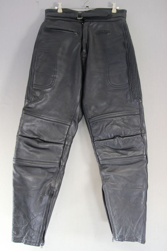 RHINO BLACK COWHIDE LEATHER BIKER TROUSERS: WAIST 30 INCH/INSIDE LEG 30 INCH