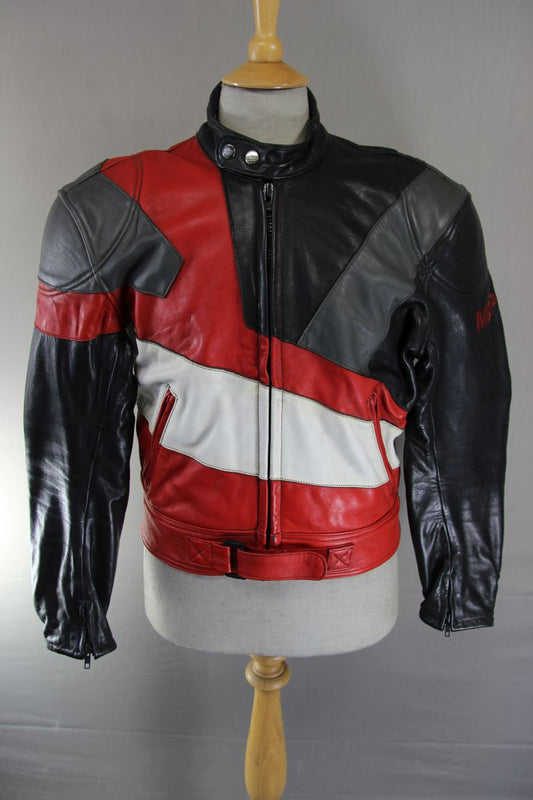 MQP BLACK, RED, WHITE & GREY LEATHER BIKER JACKET WITH BACK PROTECTOR: 42 INCHES