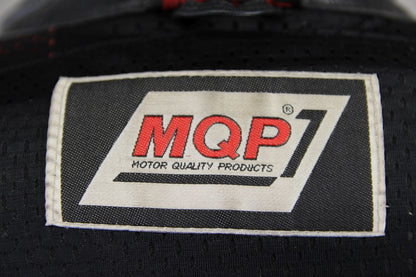 MQP BLACK, RED, WHITE & GREY LEATHER BIKER JACKET WITH BACK PROTECTOR: 42 INCHES