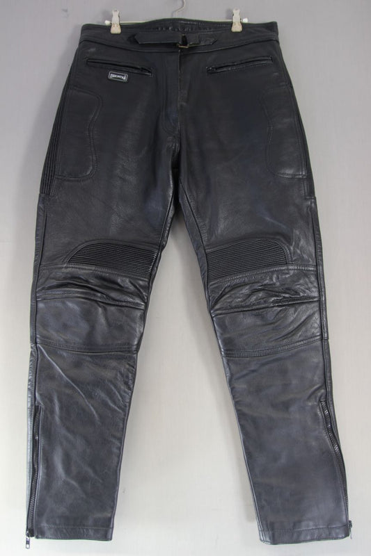 SKINTAN LADIES BLACK LEATHER BIKER TROUSERS: WAIST 32 IN/INSIDE LEG 29 IN/LARGE