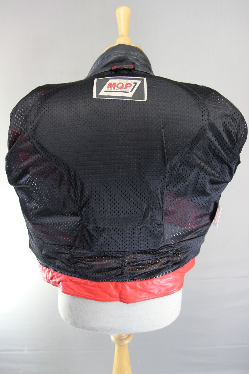 MQP BLACK, RED, WHITE & GREY LEATHER BIKER JACKET WITH BACK PROTECTOR: 42 INCHES