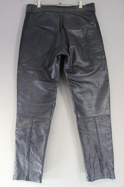 SKINTAN LADIES BLACK LEATHER BIKER TROUSERS: WAIST 32 IN/INSIDE LEG 29 IN/LARGE