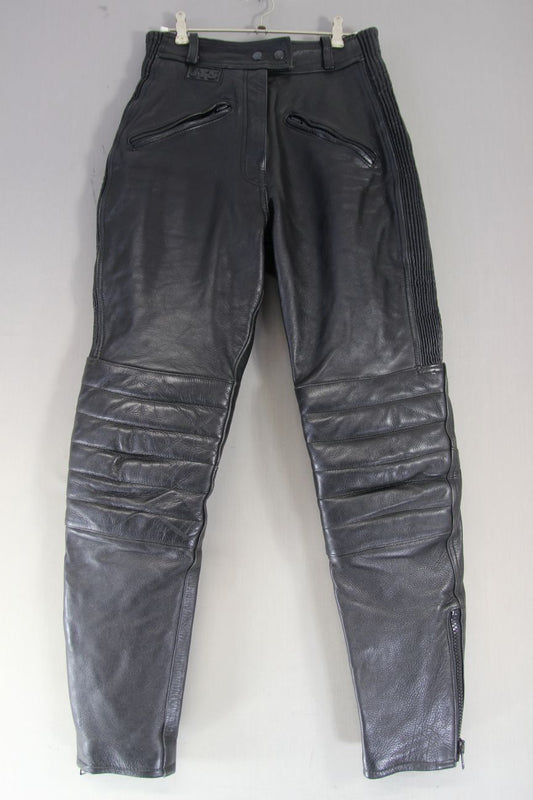 JTS BLACK LEATHER BIKER TROUSERS SIZE 12: WAIST 28 INCH/INSIDE LEG 30 INCH/SMALL