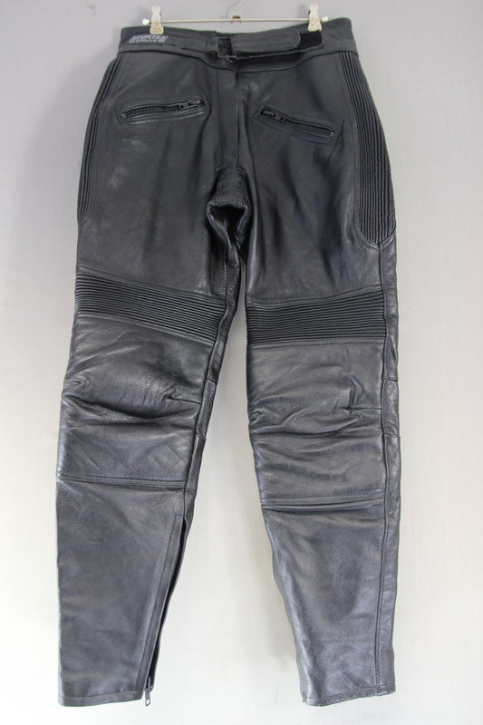SPORTEX APOLLO BLACK LEATHER BIKER TROUSER: SIZE 12 WAIST 30 IN/INSIDE LEG 29 IN