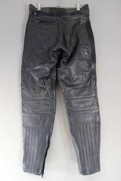 SPORTEX APOLLO BLACK LEATHER BIKER TROUSER: SIZE 12 WAIST 30 IN/INSIDE LEG 29 IN