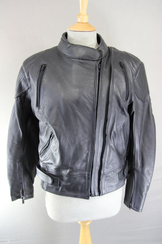 ASHMAN BLACK COWHIDE LEATHER BIKER JACKET WITH THERMAL LINING: SIZE 16