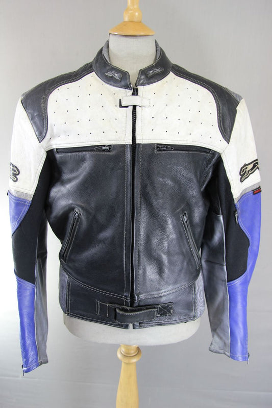 HUNTER CLASS BLACK, BLUE, WHITE & SILVER LEATHER BIKER JACKET 40-42 INCH CHEST