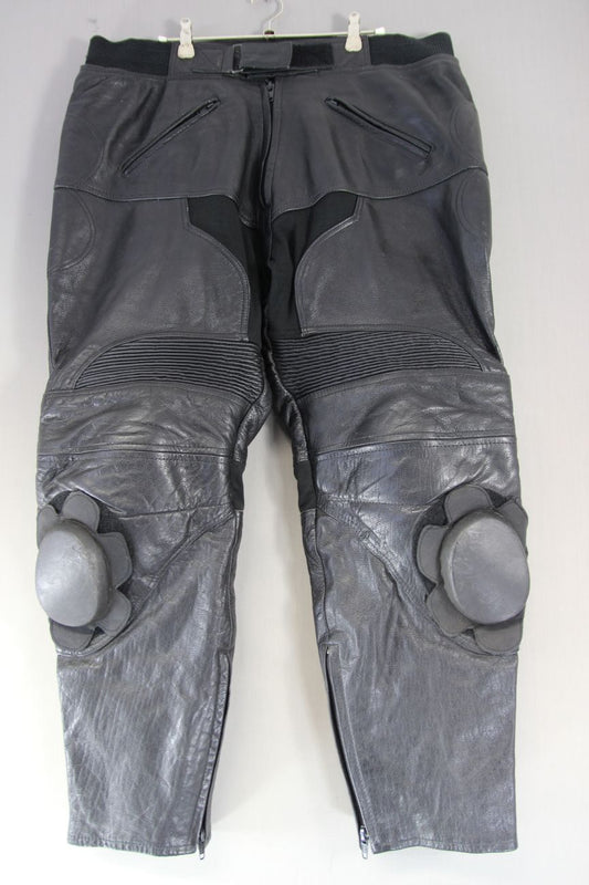KOORD BLACK LEATHER BIKER TROUSERS + PROTECTORS/KNEE SLIDERS: WAIST 40"/LEG 29"