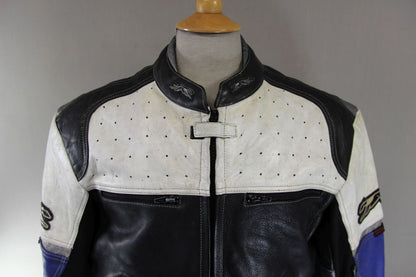 HUNTER CLASS BLACK, BLUE, WHITE & SILVER LEATHER BIKER JACKET 40-42 INCH CHEST