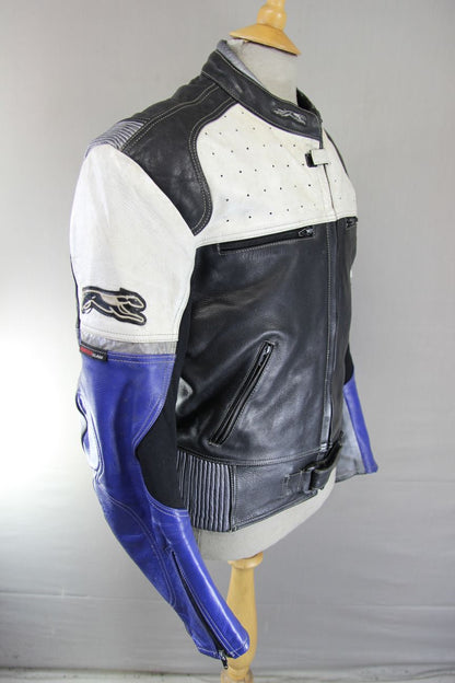 HUNTER CLASS BLACK, BLUE, WHITE & SILVER LEATHER BIKER JACKET 40-42 INCH CHEST