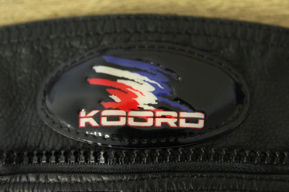 KOORD BLACK LEATHER BIKER TROUSERS + PROTECTORS/KNEE SLIDERS: WAIST 40"/LEG 29"