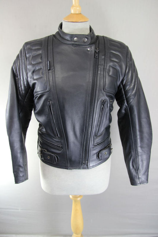 RIOSSI BRITISH DESIGNED & STYLED BLACK COWHIDE LEATHER BIKER JACKET: SIZE 12