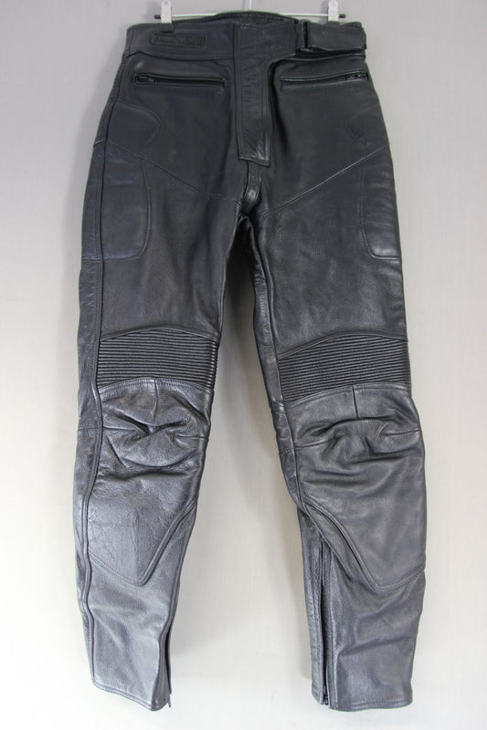 FRANK THOMAS BLACK LEATHER BIKER TROUSERS SIZE 10: WAIST 30 IN/INSIDE LEG 29 IN