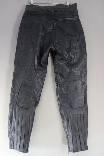 FRANK THOMAS BLACK LEATHER BIKER TROUSERS SIZE 10: WAIST 30 IN/INSIDE LEG 29 IN