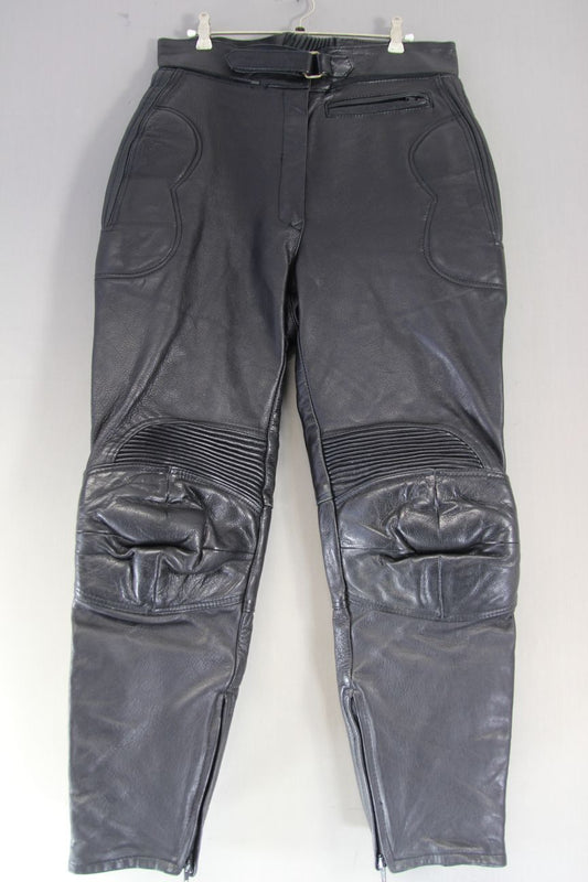 LADIES CLASSIC BLACK LEATHER BIKER TROUSERS: WAIST 32 INCH/INSIDE LEG 28.5 INCH