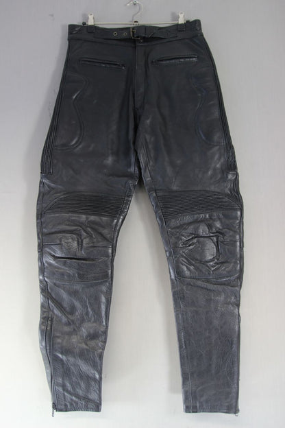 CLASSIC BLACK COWHIDE LEATHER BIKER TROUSERS: WAIST 30 INCH/INSIDE LEG 30 INCH