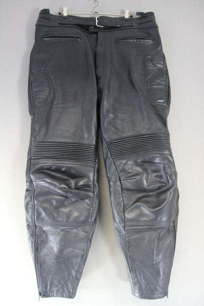 BRITISH MADE BTK LEATHERS BLACK COWHIDE BIKER TROUSERS: WAIST 36 IN/LEG 29 IN