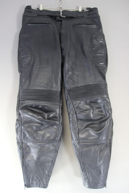BRITISH MADE BTK LEATHERS BLACK COWHIDE BIKER TROUSERS: WAIST 36 IN/LEG 29 IN