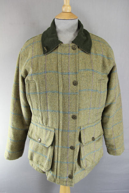 BRONTE ENGLISH MADE COUNTRY SPORTS CHECKED WOOL RICH BLEND TWEED COAT: SIZE 10