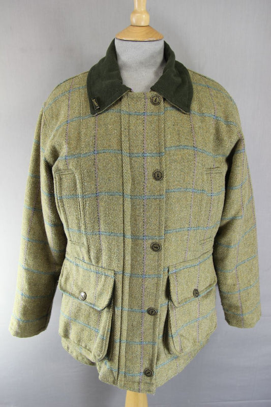 BRONTE ENGLISH MADE COUNTRY SPORTS CHECKED WOOL RICH BLEND TWEED COAT: SIZE 10