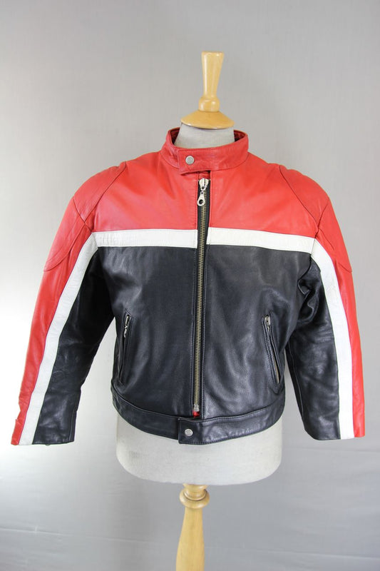 CLASSIC AKDEDE DERI BLACK, RED & WHITE LEATHER BIKER JACKET 38-40 INCH/MEDIUM