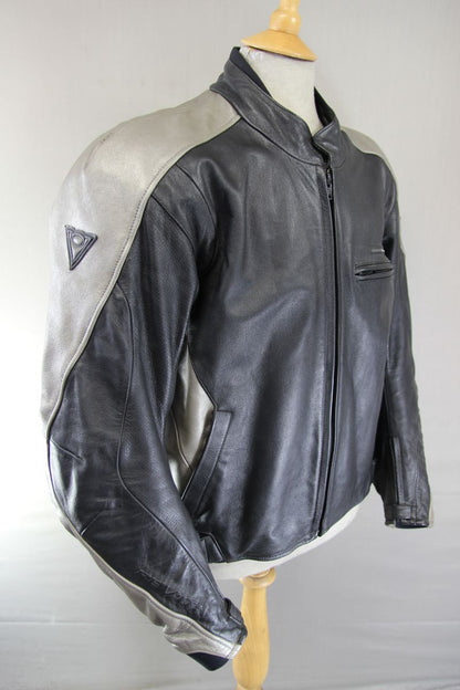 REV'IT! BLACK & GREY LEATHER BIKER JACKET + BACK, SHOULDER & ELBOW CE ARMOUR 46"