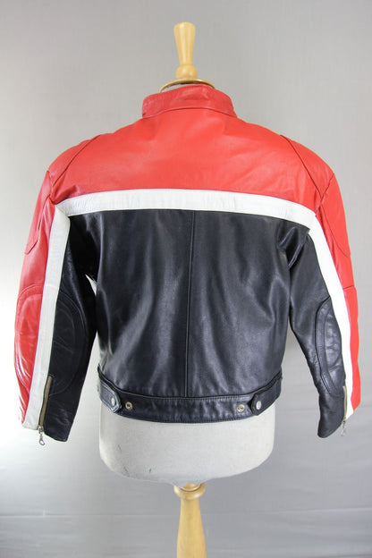 CLASSIC AKDEDE DERI BLACK, RED & WHITE LEATHER BIKER JACKET 38-40 INCH/MEDIUM