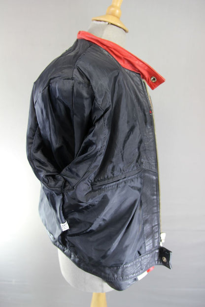CLASSIC AKDEDE DERI BLACK, RED & WHITE LEATHER BIKER JACKET 38-40 INCH/MEDIUM
