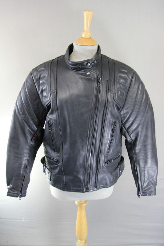 RICHA CLASSIC BLACK LEATHER BIKER JACKET WITH CE BACK PROTECTOR: SIZE 16