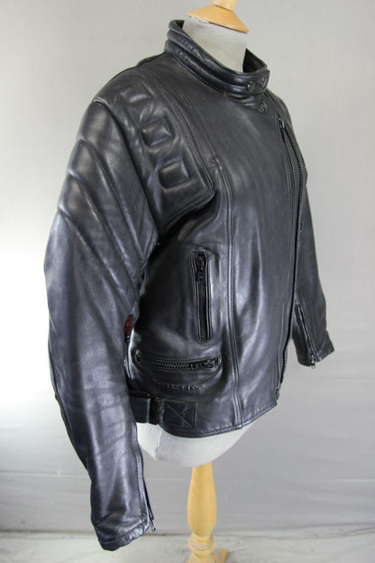 RICHA CLASSIC BLACK LEATHER BIKER JACKET WITH CE BACK PROTECTOR: SIZE 16