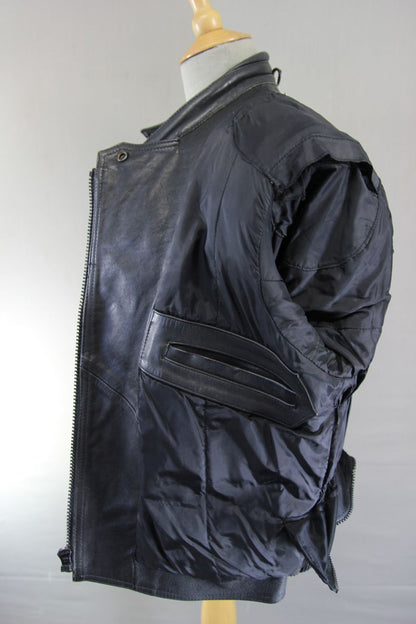 RICHA CLASSIC BLACK LEATHER BIKER JACKET WITH CE BACK PROTECTOR: SIZE 16