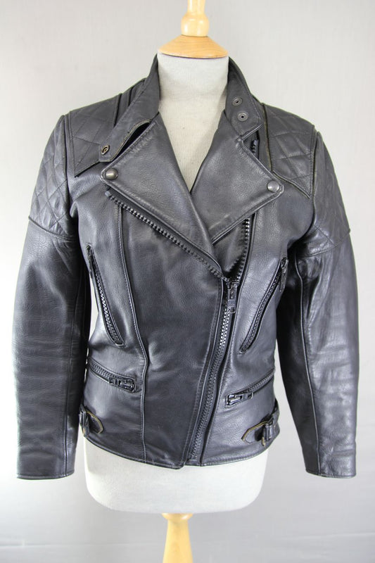 VINTAGE 1970s STYLE PUNK ROCK BLACK WOLF LEATHERS BIKER JACKET: 32-34 IN/SIZE 10