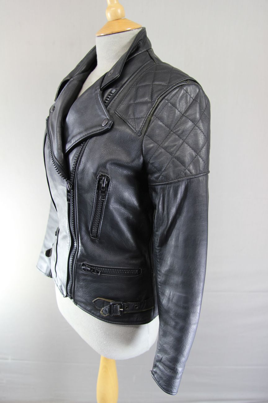 VINTAGE 1970s STYLE PUNK ROCK BLACK WOLF LEATHERS BIKER JACKET: 32-34 IN/SIZE 10