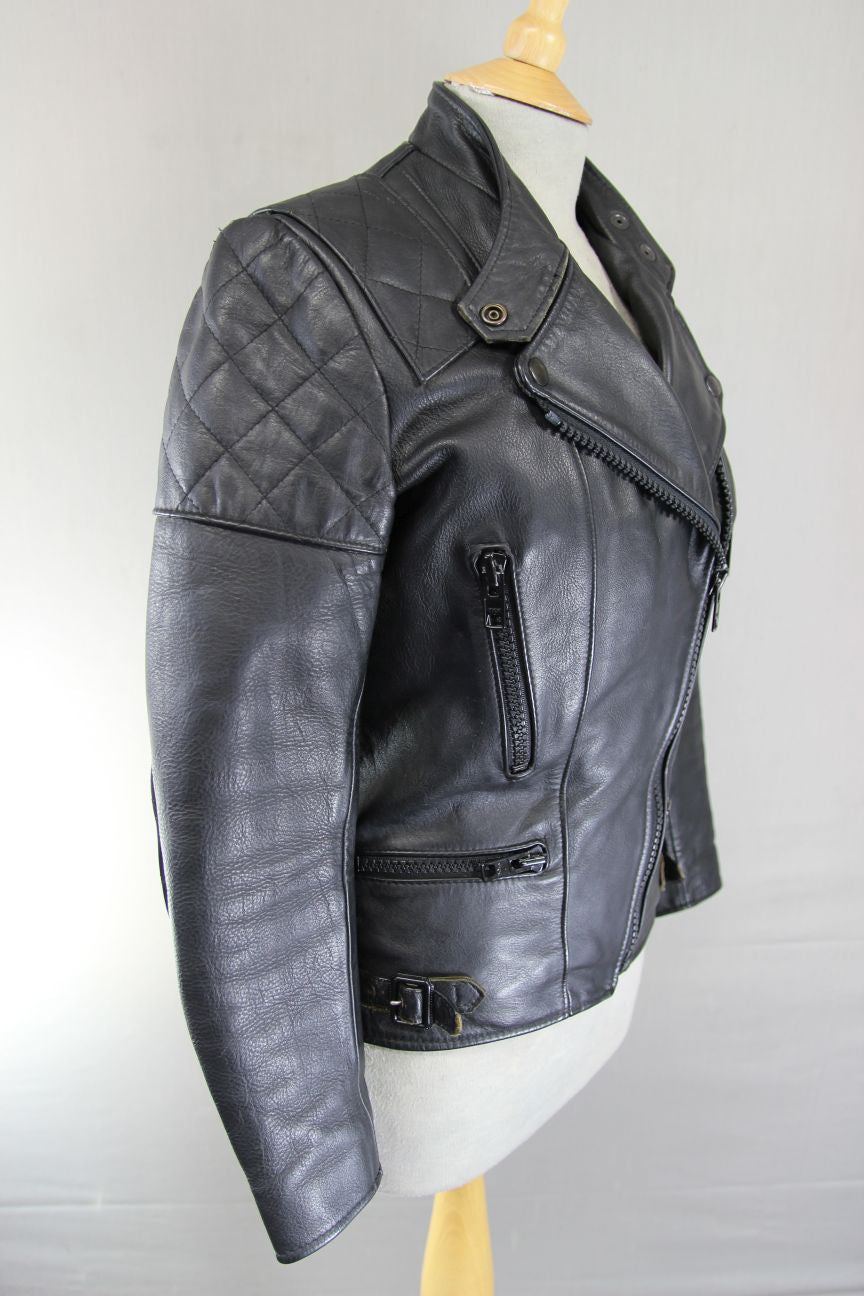 VINTAGE 1970s STYLE PUNK ROCK BLACK WOLF LEATHERS BIKER JACKET: 32-34 IN/SIZE 10