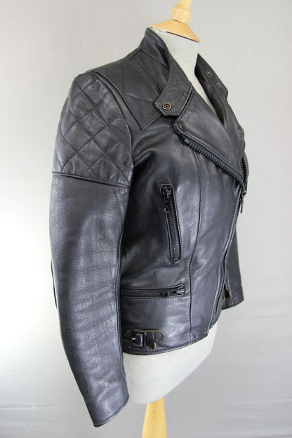 VINTAGE 1970s STYLE PUNK ROCK BLACK WOLF LEATHERS BIKER JACKET: 32-34 IN/SIZE 10