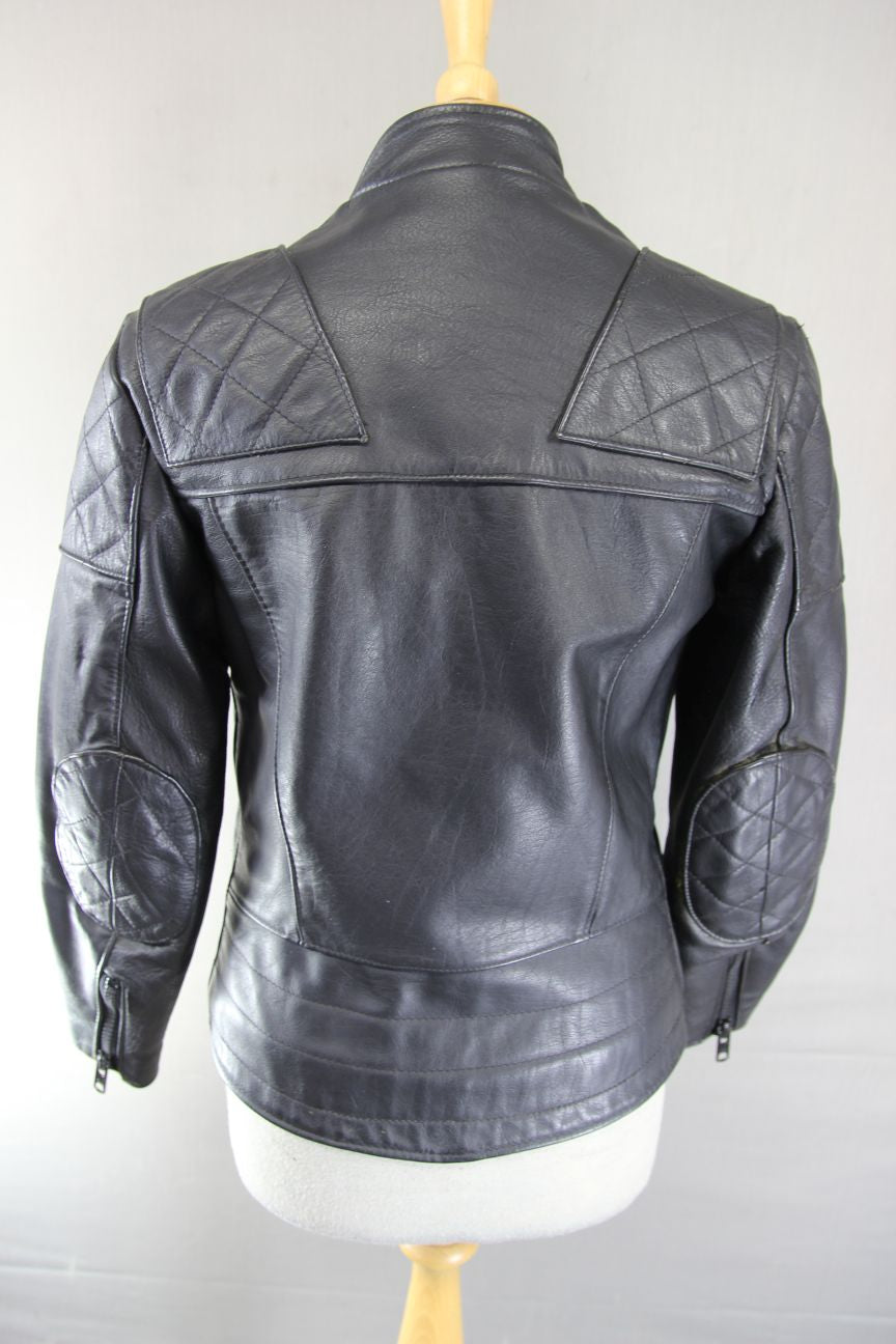 VINTAGE 1970s STYLE PUNK ROCK BLACK WOLF LEATHERS BIKER JACKET: 32-34 IN/SIZE 10