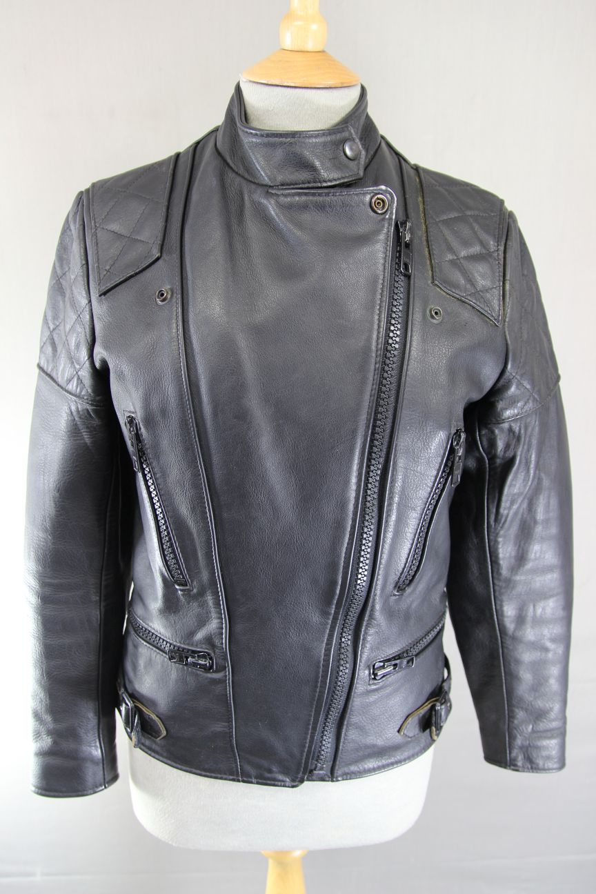VINTAGE 1970s STYLE PUNK ROCK BLACK WOLF LEATHERS BIKER JACKET: 32-34 IN/SIZE 10