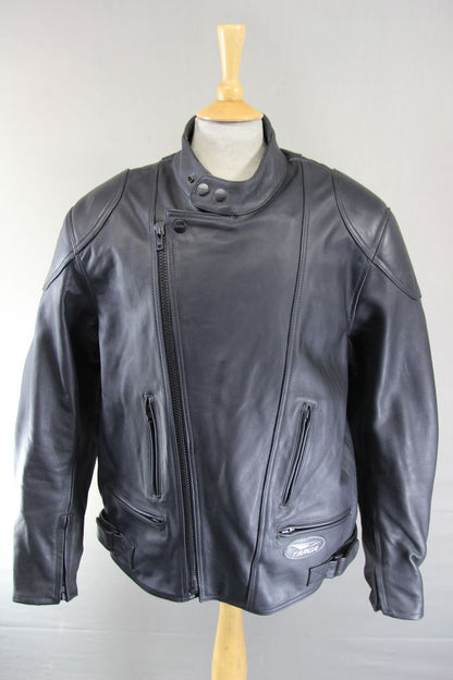 TARGA BLACK LEATHER BIKER JACKET WITH REMOVABLE CE BACK PROTECTOR 52-54 INCH