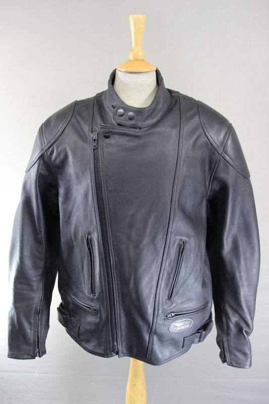 TARGA BLACK LEATHER BIKER JACKET WITH REMOVABLE CE BACK PROTECTOR 52-54 INCH
