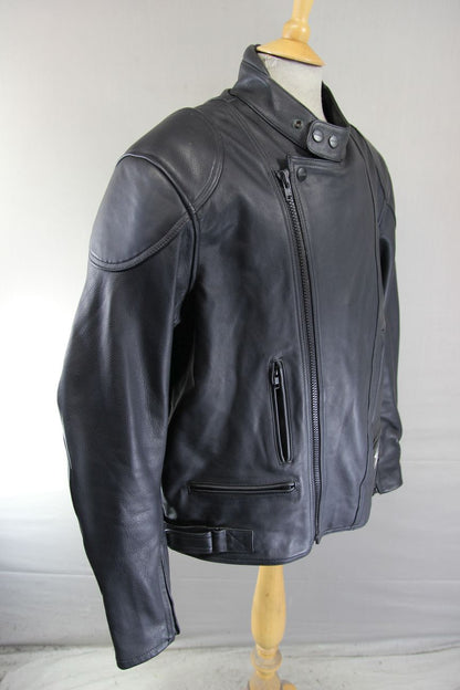TARGA BLACK LEATHER BIKER JACKET WITH REMOVABLE CE BACK PROTECTOR 52-54 INCH