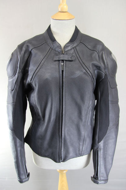 FRANK THOMAS TITANIUM BLACK LEATHER BIKER JACKET + REMOVABLE CE ARMOUR: SIZE 14