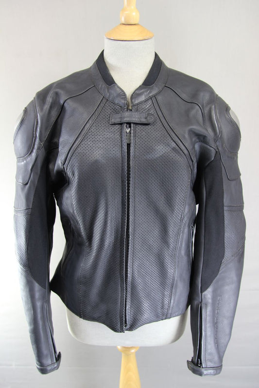 FRANK THOMAS TITANIUM BLACK LEATHER BIKER JACKET + REMOVABLE CE ARMOUR: SIZE 14