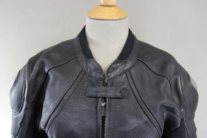 FRANK THOMAS TITANIUM BLACK LEATHER BIKER JACKET + REMOVABLE CE ARMOUR: SIZE 14