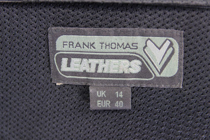 FRANK THOMAS TITANIUM BLACK LEATHER BIKER JACKET + REMOVABLE CE ARMOUR: SIZE 14