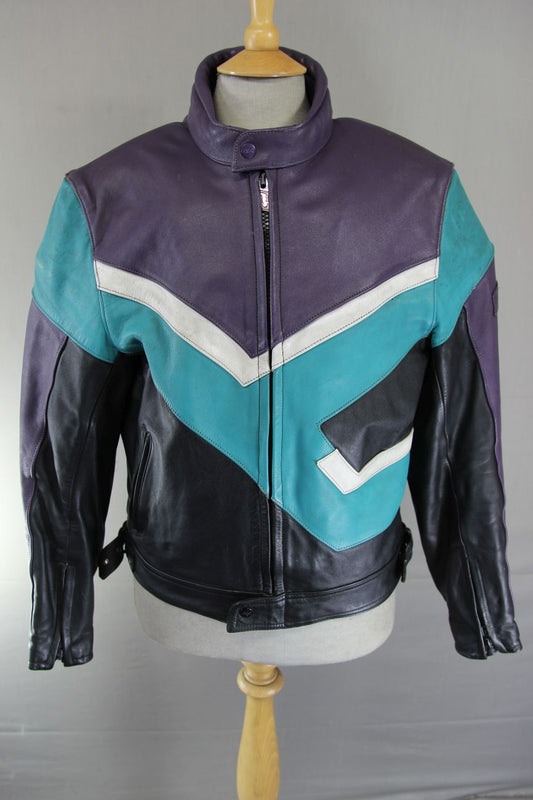 VINTAGE POLO SPORTS PURPLE, BLACK, TURQUOISE & WHITE LEATHER BIKER JACKET 40 IN