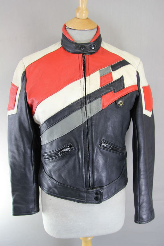 VINTAGE 1980's BLACK, RED, WHITE & GREY LEATHER BIKER JACKET 34-36 INCH: SIZE 12